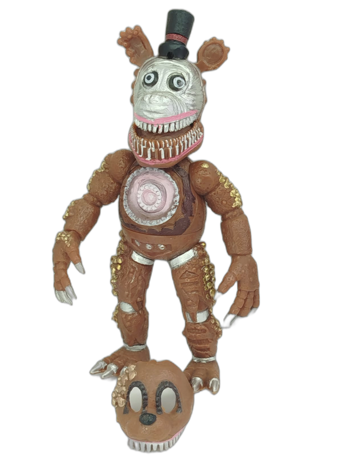 Five Nights at Freddy's - Nightmare Freddy, Nightmare Bonnie, un guardia de seguridad, Chica, Foxy y Springtrap, acompañados de cabezas o máscaras intercambiables