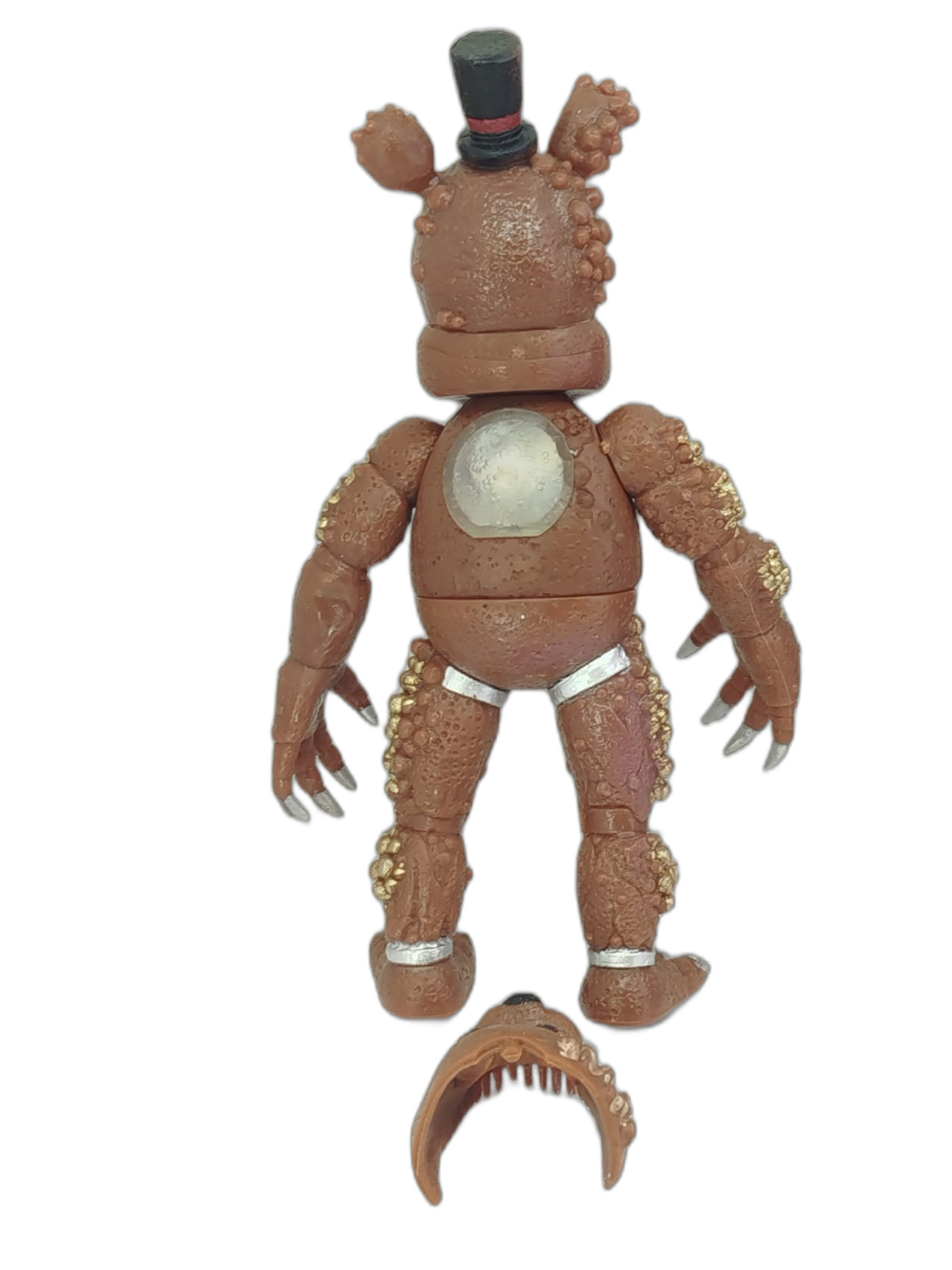 Five Nights at Freddy's - Nightmare Freddy, Nightmare Bonnie, un guardia de seguridad, Chica, Foxy y Springtrap, acompañados de cabezas o máscaras intercambiables
