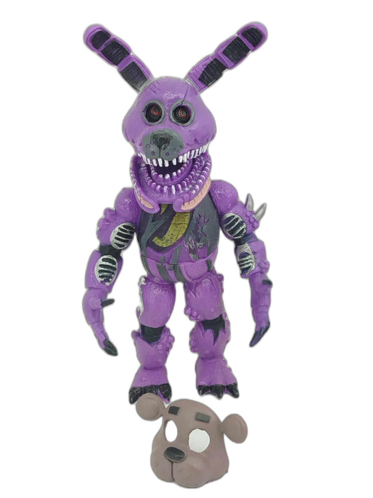 Five Nights at Freddy's - Nightmare Freddy, Nightmare Bonnie, un guardia de seguridad, Chica, Foxy y Springtrap, acompañados de cabezas o máscaras intercambiables