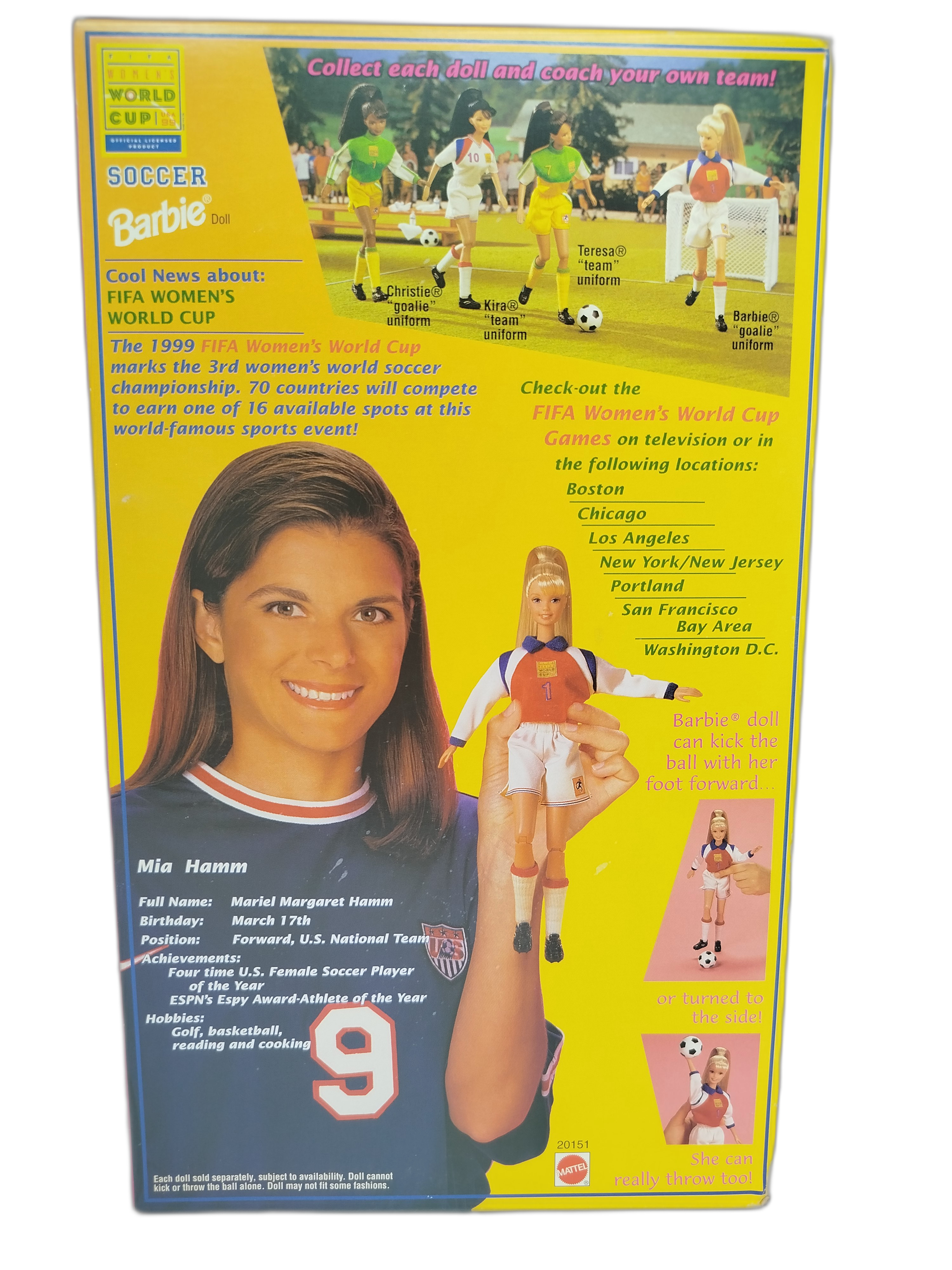  Soccer Barbie (Barbie Futbolista), lanzada en 1998 por Mattel como un producto oficial licenciado para la Copa Mundial Femenina de la FIFA de 1999 celebrada en Estados Unidos
