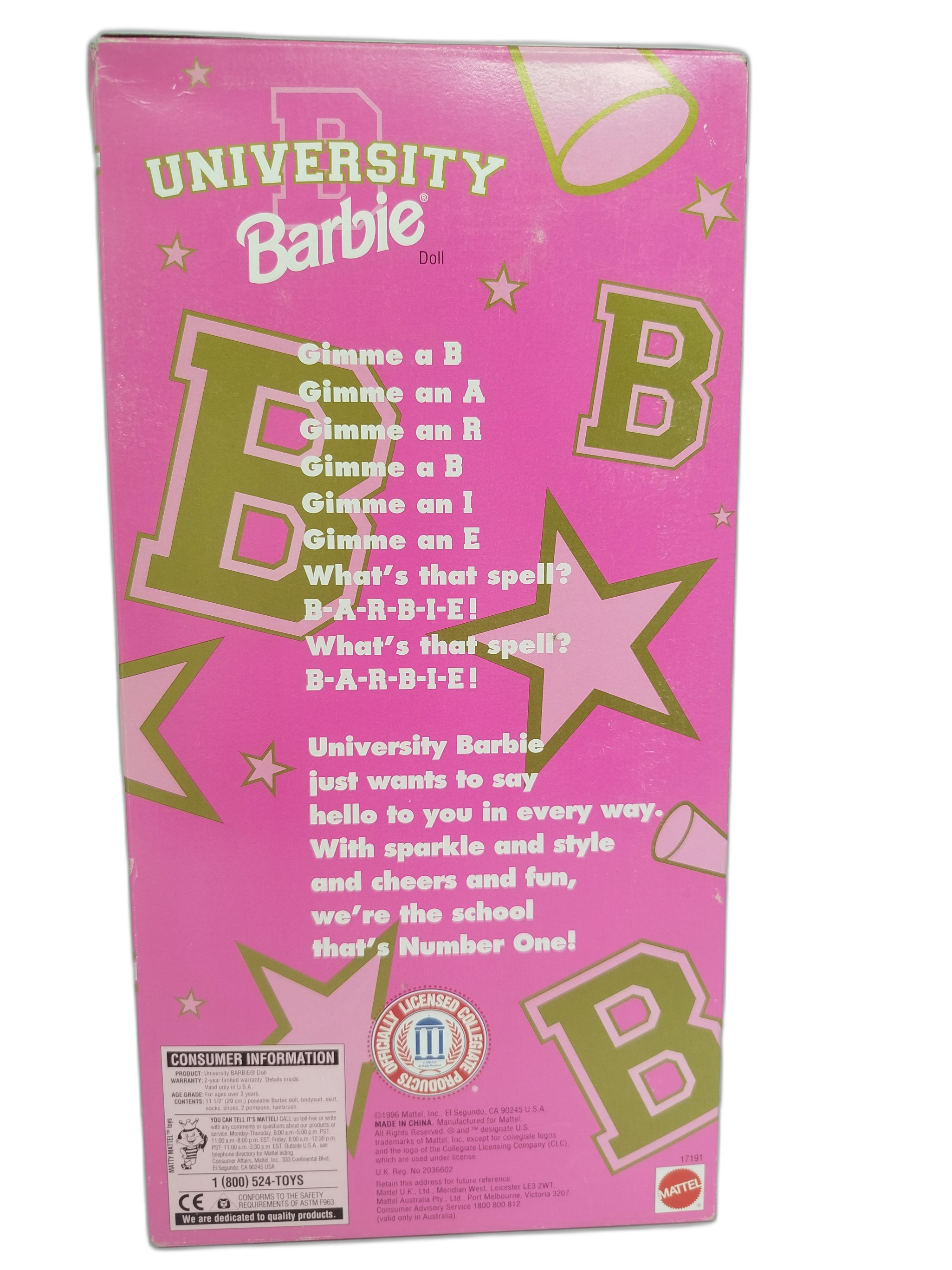 University Barbie - University of Arkansas Cheerleader (Edición Especial), lanzada al mercado por Mattel en el año 1996