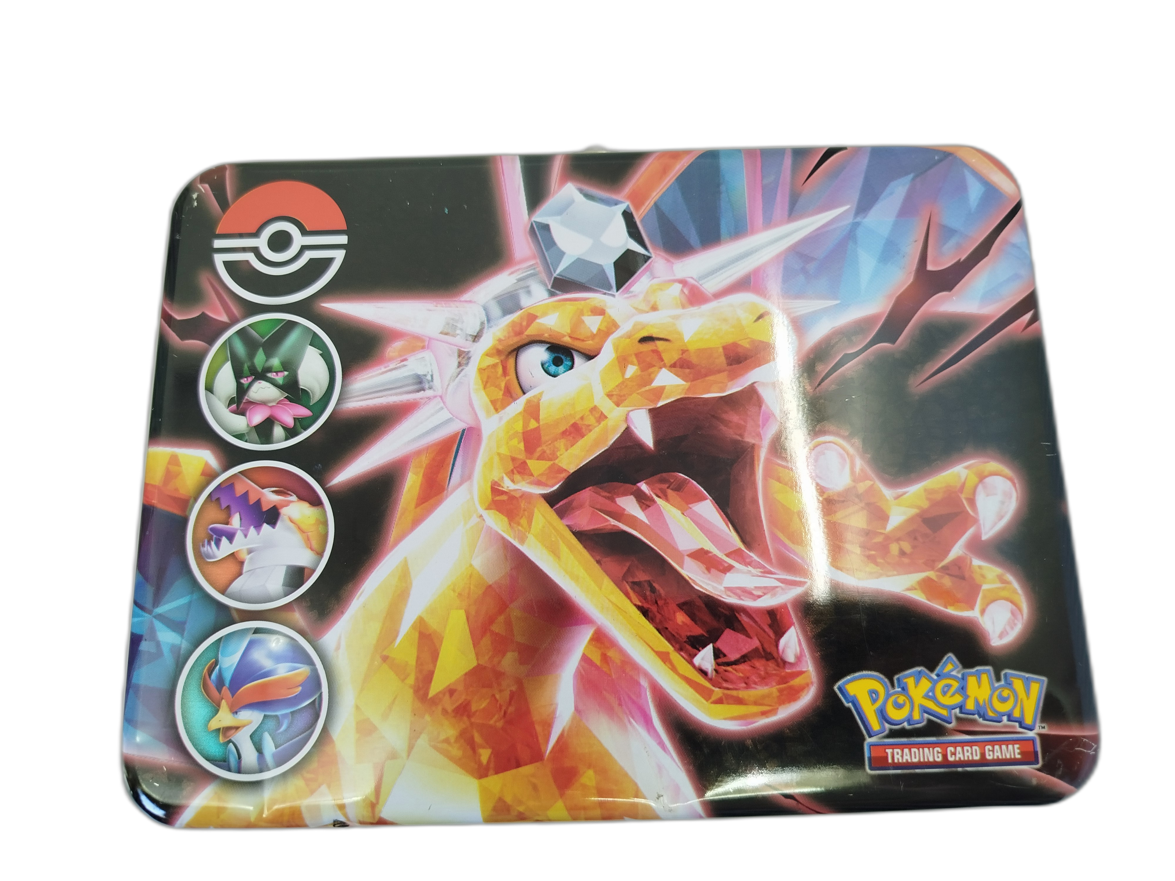  Pokemon - Lata metálica de  Pokémon con manija de Charizard Teracristalizado de Tipo Siniestro