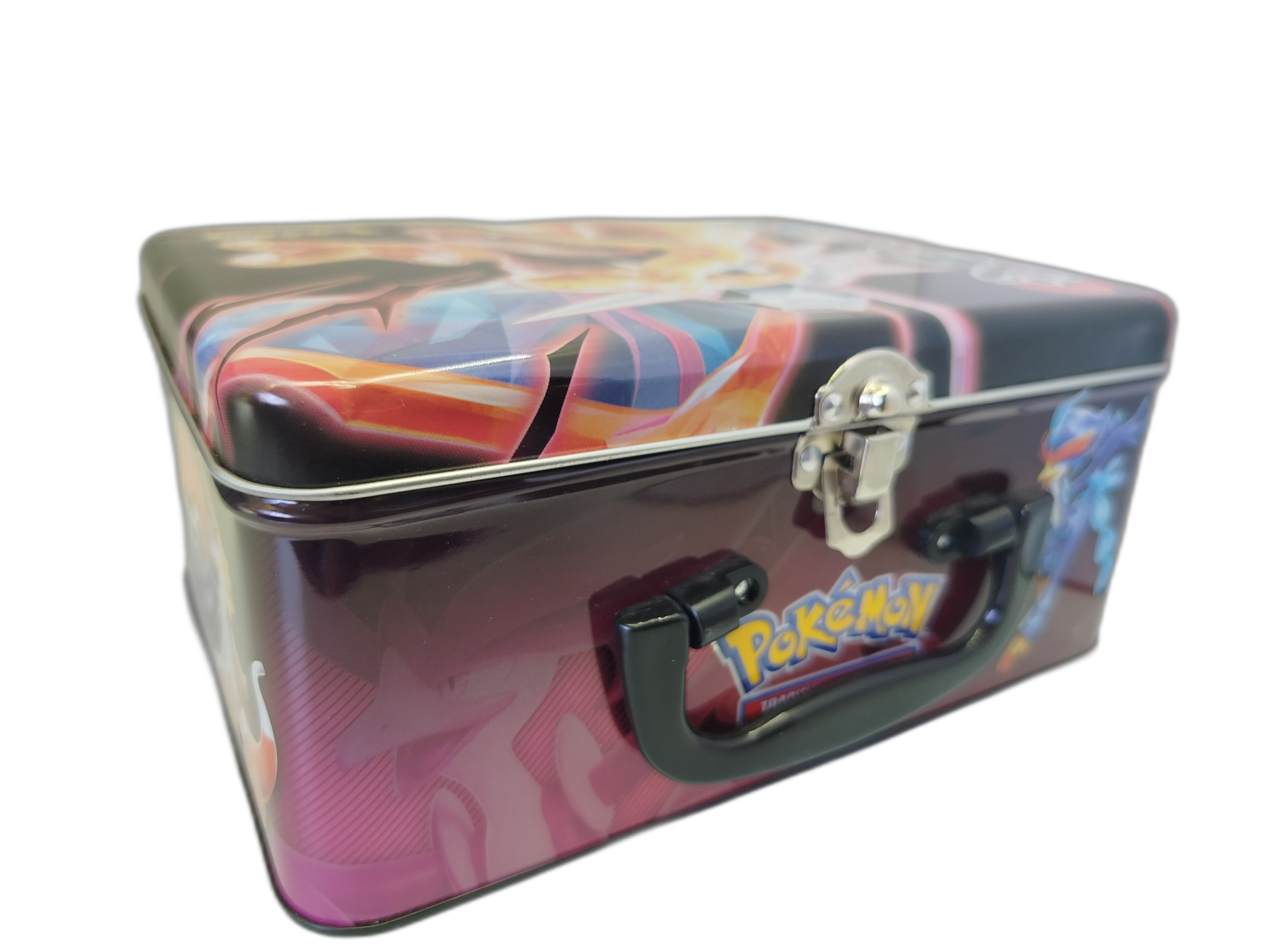  Pokemon - Lata metálica de  Pokémon con manija de Charizard Teracristalizado de Tipo Siniestro