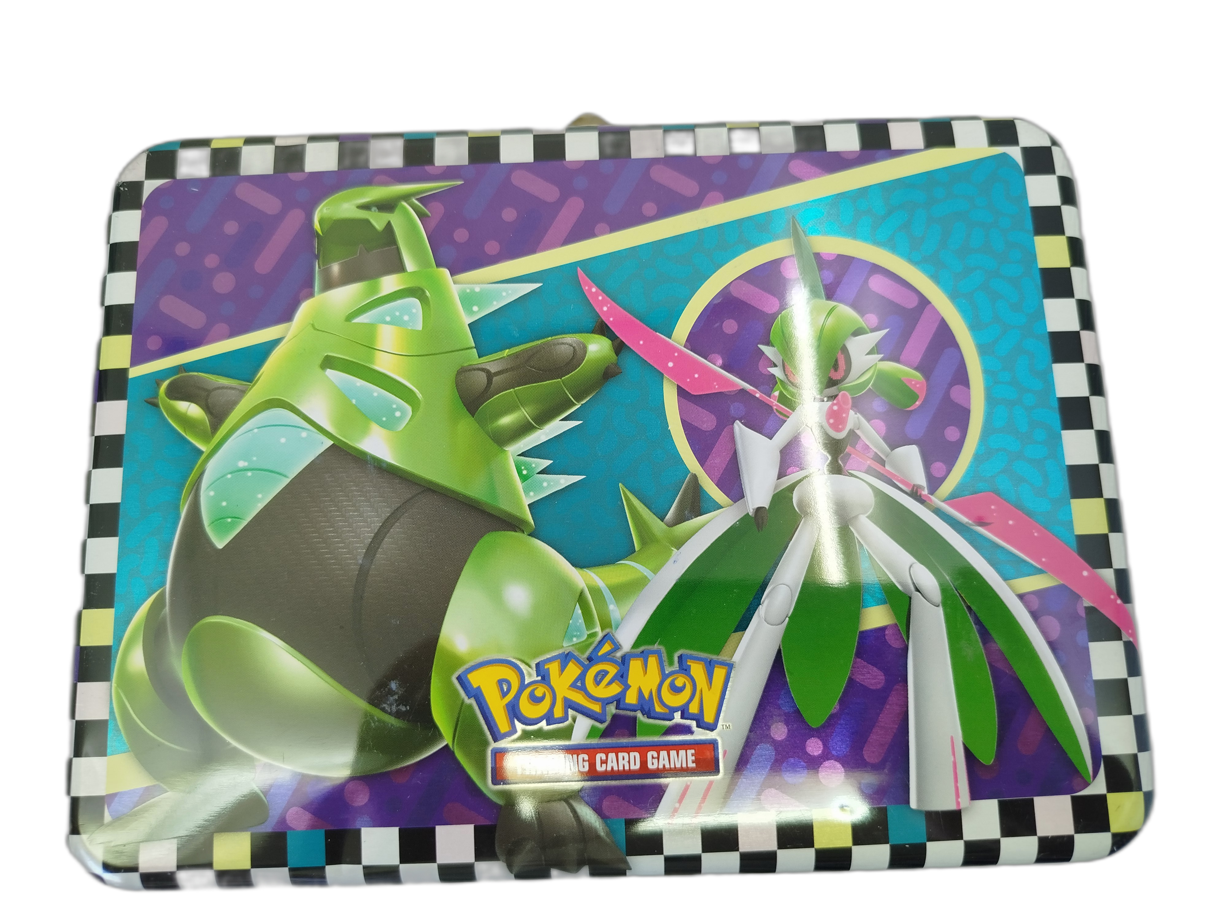  Pokemon - Lata metálica de  Pokémon con manija de Ferrocuello (Iron Thorns) y Ferropada (Iron Valiant)