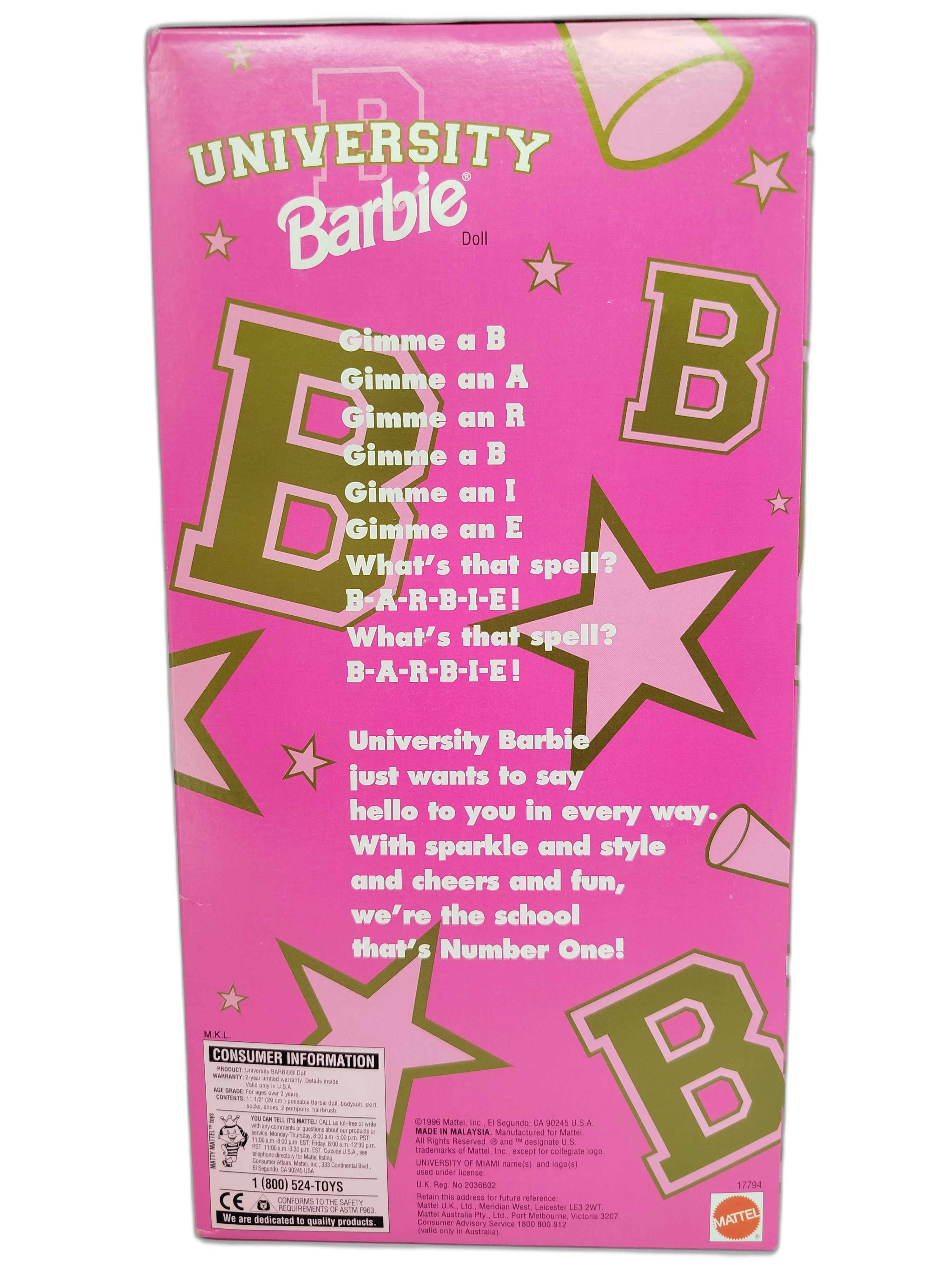 Barbie - University Barbie - University of Miami Cheerleader lanzada en 1996 (comercializada entre 1996 y 1997)