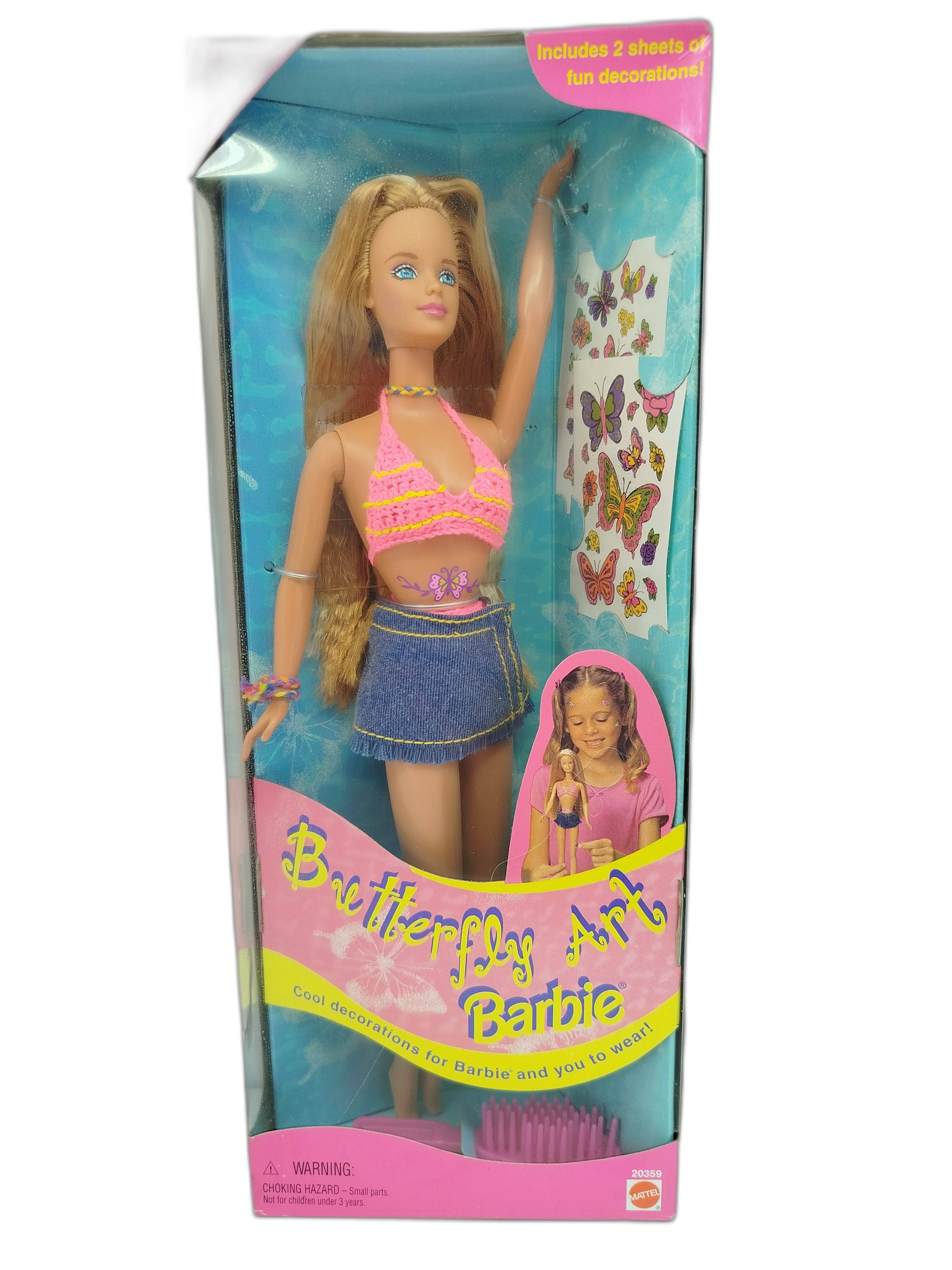 Barbie -   Butterfly Art Barbie, lanzada al mercado en 1998. Edicion de la línea comercial más famosas y recordadas de finales de los noventa debido a los tatuajes temporales que incluye