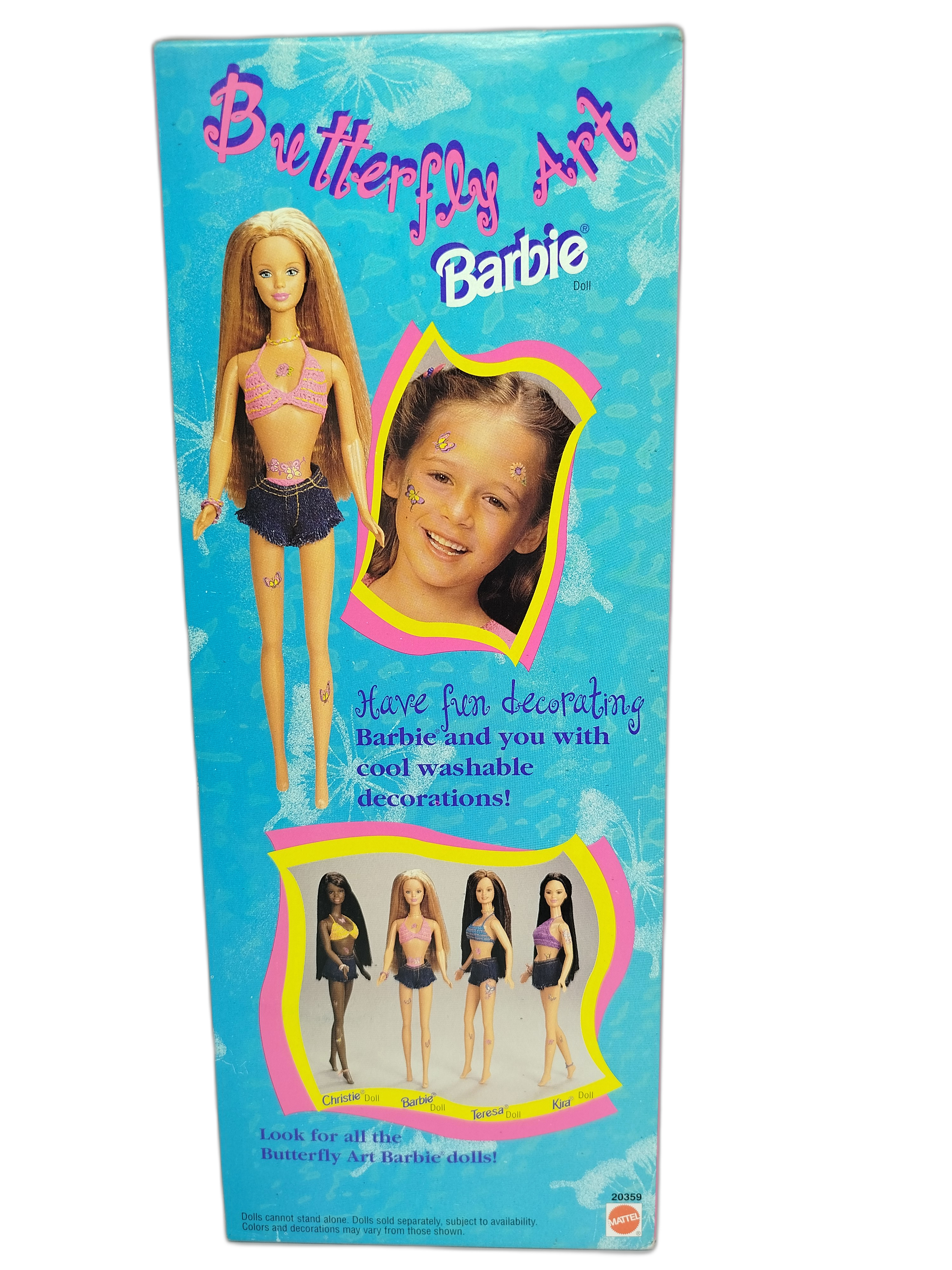 Barbie -   Butterfly Art Barbie, lanzada al mercado en 1998. Edicion de la línea comercial más famosas y recordadas de finales de los noventa debido a los tatuajes temporales que incluye