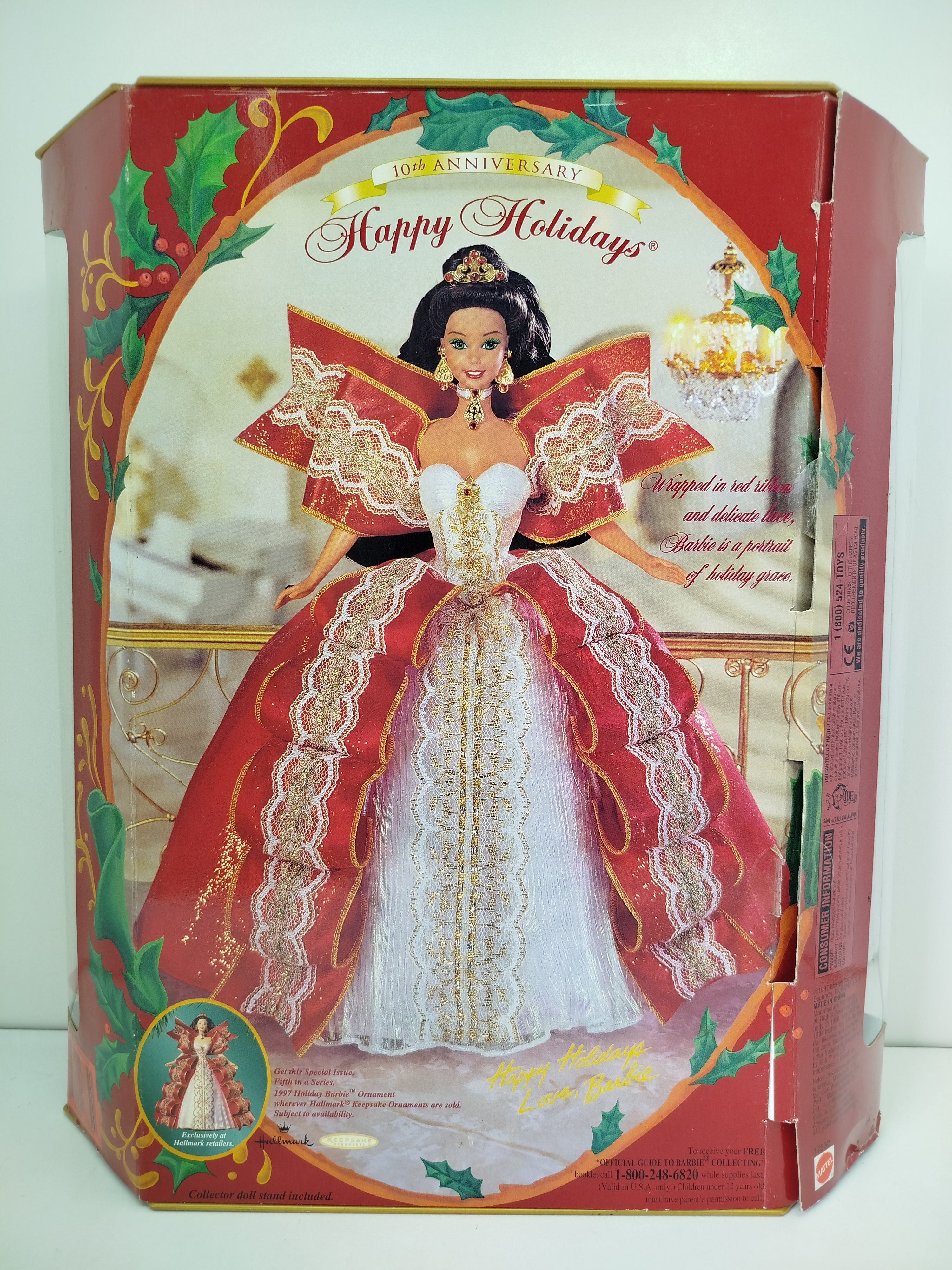  1997 Happy Holidays Barbie Brunette (Edición Especial / Modelo 17832) de Mattel, lanzada para conmemorar el décimo aniversario de la colección navideña.