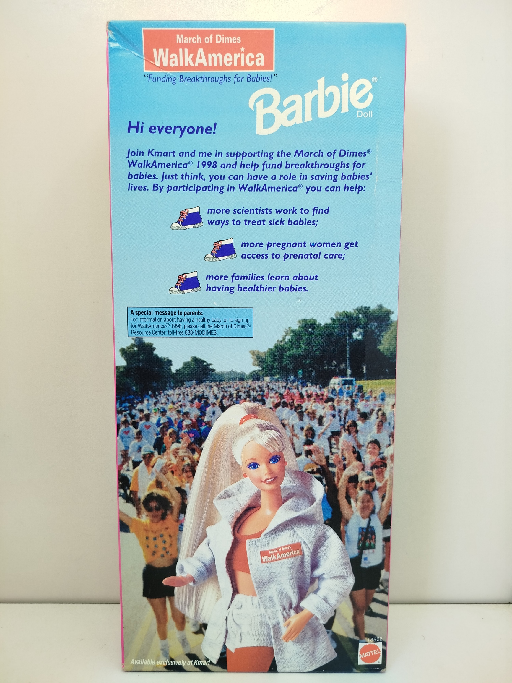 March of Dimes WalkAmerica Barbie - Kmart Special Edition (Modelo 18506), Mattel en 1997 como una edición especial exclusiva para las tiendas Kmart con fines benéficos para la fundación March of Dimes