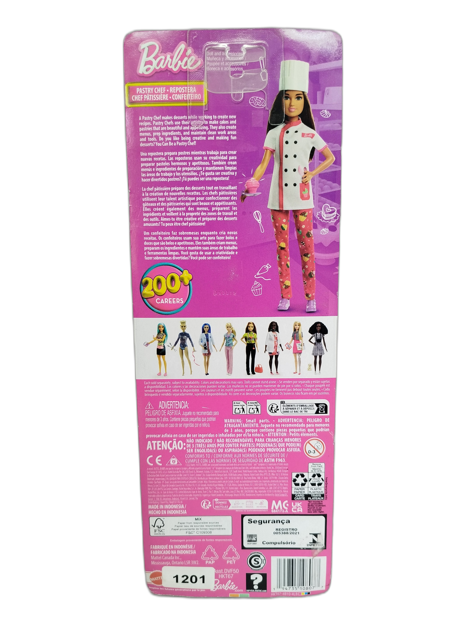 Barbie Repostera Profesiones  de Mattel, que viene con su clásico gorro de chef blanco y accesorios de repostería como un pequeño pastelito